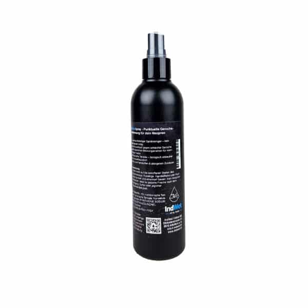 Rückseite der Etikete von WettieSpray. Entferne gezielt Gerüche aus Neopren mit WettieSpray – ohne Nachspülen, biologisch abbaubar & hautfreundlich. Ideal für Füsslinge, Handschuhe & Co.